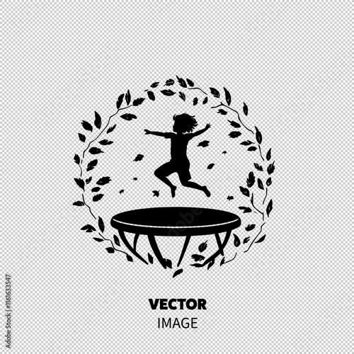 A joyful child leaps on a trampoline, surrounded by a whimsical frame of leaves, embodying freedom and playfulness.