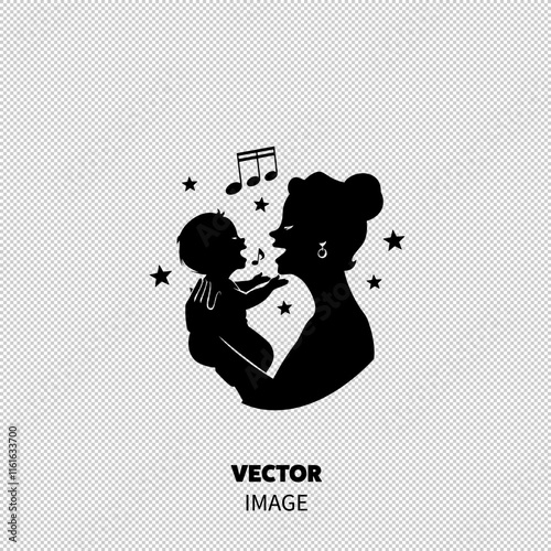 A joyful silhouette of a mother and her baby sharing a moment filled with music and love.