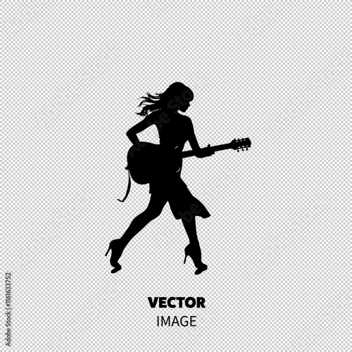 A silhouette of a confident woman playing guitar, exuding energy and style against a white background.