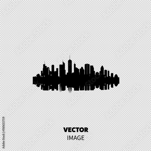 Silhouette of a modern city skyline against a white background, featuring tall buildings and reflective water.