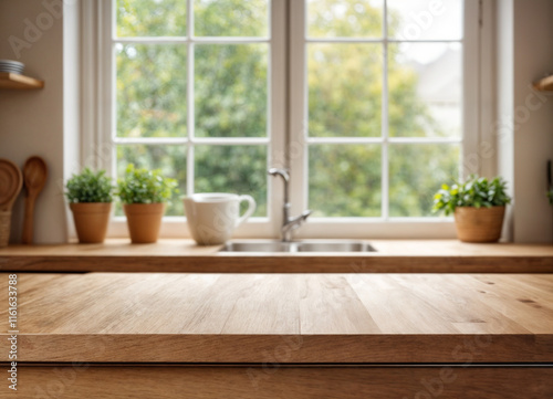 Warm and inviting kitchen with wooden countertops, white tiled backsplash, and natural sunlight, adorned with potted plants and copper pots.