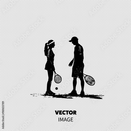 Silhouettes of a female and male tennis duo, engaged in a playful moment on court.