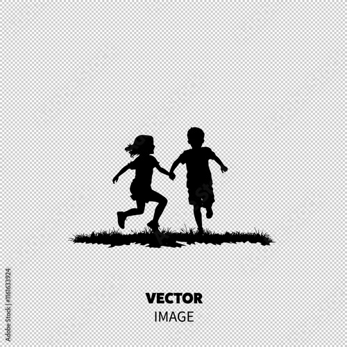 Two children, a Caucasian girl and a boy, joyfully running hand in hand across a grassy field, silhouetted against a white background.