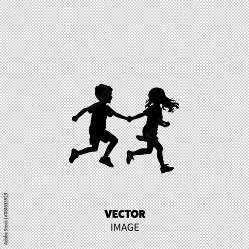 Two children, a boy and a girl, running hand in hand in a playful silhouette against a white background.