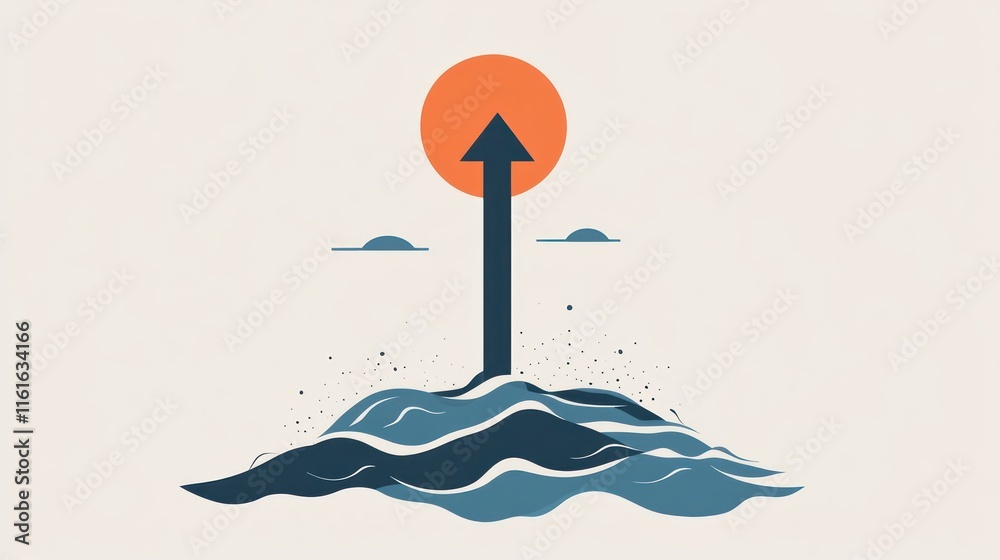 Fototapeta premium Rising arrow above waves, sun background.