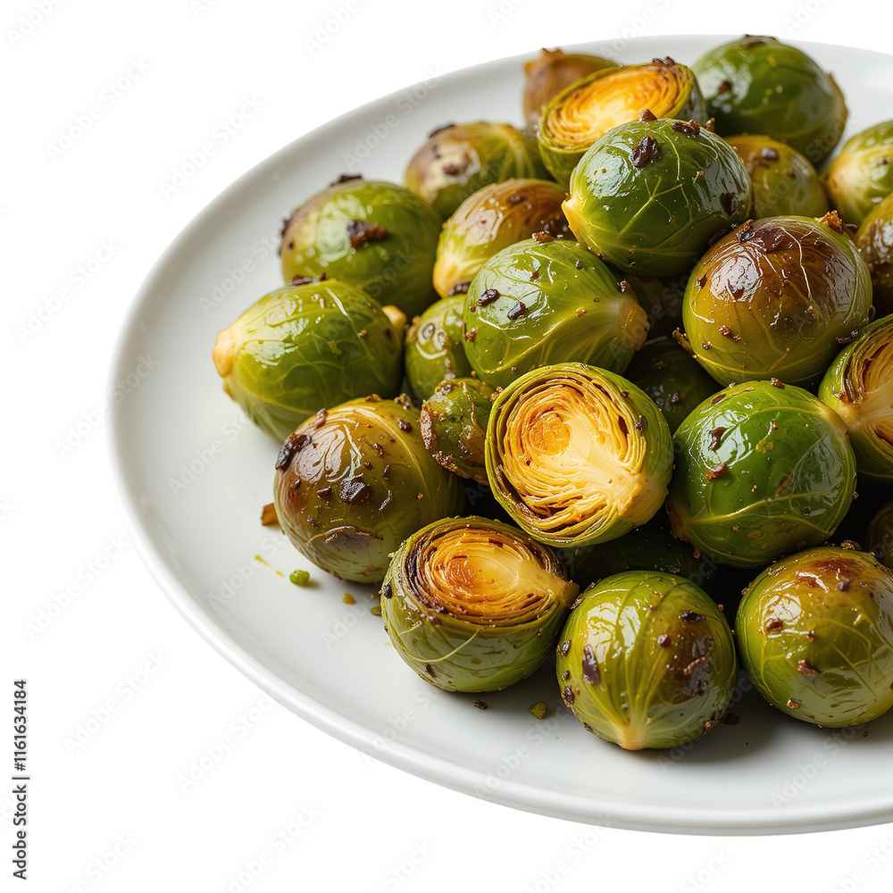 Roasted Brussels Sprouts on a White Plate Isolated on Transparent Background Roasted Brussels Sprouts on a White Plate Isolated on Transparent Background