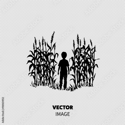 Silhouette of a young boy standing amidst tall corn stalks, evoking a sense of solitude and wonder.