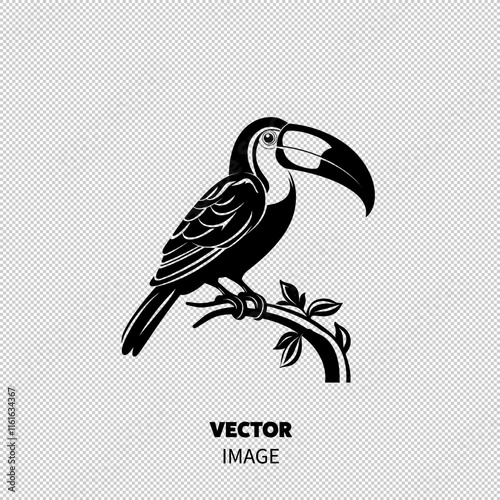 Illustration of a toucan sitting on a branch, showcasing its distinctive beak and feathers.