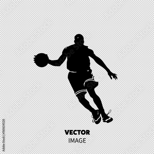 Silhouette of a male basketball player in mid-air, showcasing athleticism and motion against a stark white background.