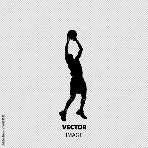 Dynamic male silhouette leaps to make a basketball shot, showcasing athleticism and determination.