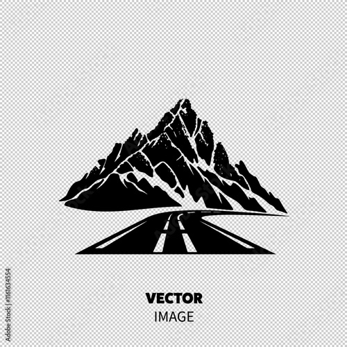 A striking black and white illustration of a winding road leading to a majestic snow-capped mountain.