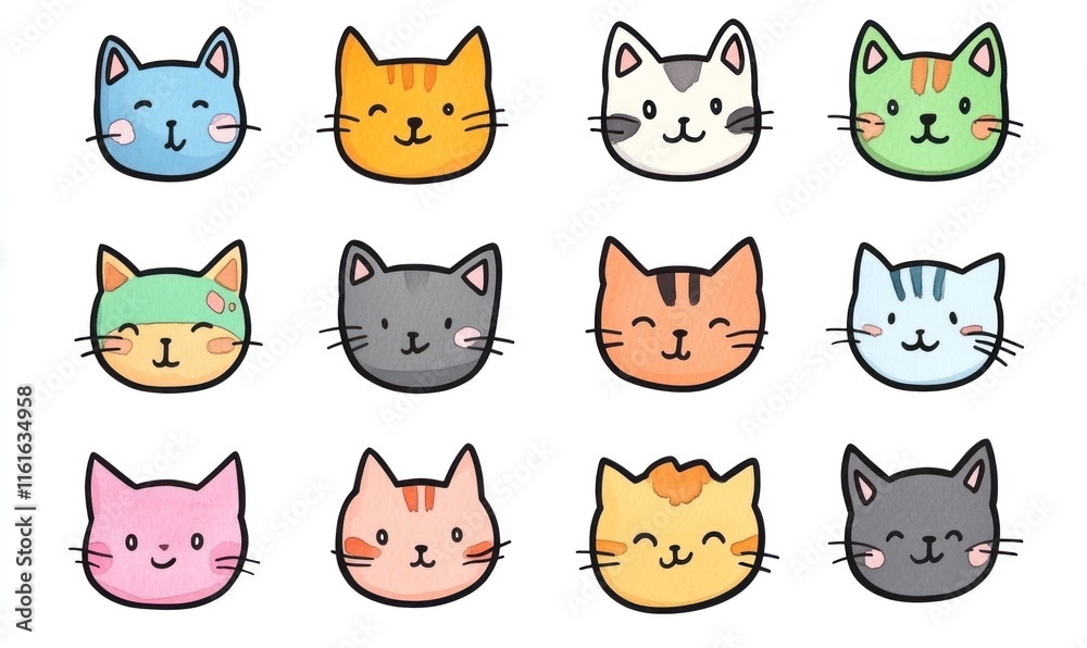 Twelve cute cartoon cat faces in various colors. (1) Twelve cute cartoon cat faces in various colors. (1)