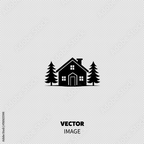 Stylized black silhouette of a cozy house with tall pine trees on either side.