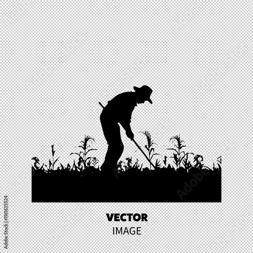 Silhouette of a male farmer working in a field, highlighting dedication and labor during sunset.