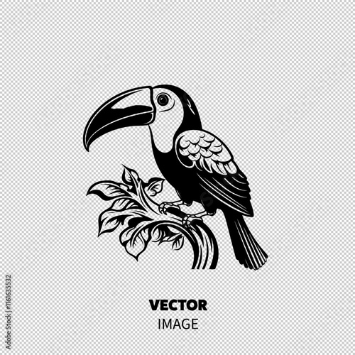 A striking illustrated toucan perched on a branch, showcasing its vibrant beak and detailed feathers.