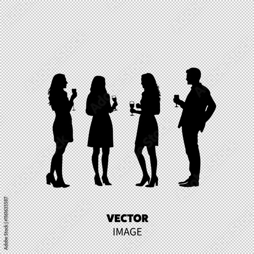 Group of diverse friends enjoying drinks at a celebration, captured in silhouette against a white background.