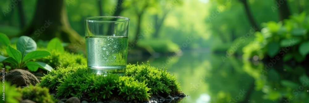 A pristine glass of water sits on mossy ground surrounded by lush forest greenery , water, rural, simplicity A pristine glass of water sits on mossy ground surrounded by lush forest greenery , water, rural, simplicity