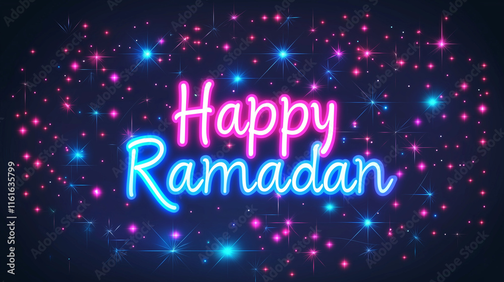 Happy Ramadan written on blue signboard in neon letters with blue lights Happy Ramadan written on blue signboard in neon letters with blue lights