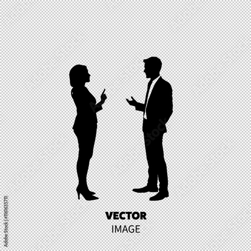 Silhouette of a professional woman and man engaged in a discussion, showcasing dynamic communication.