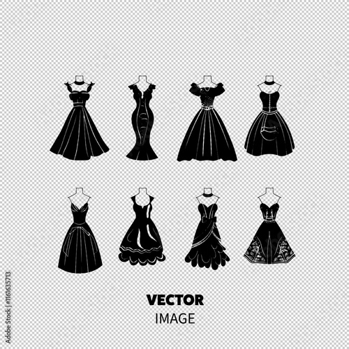 A collection of elegant black dresses featuring various styles and designs, perfect for formal occasions.