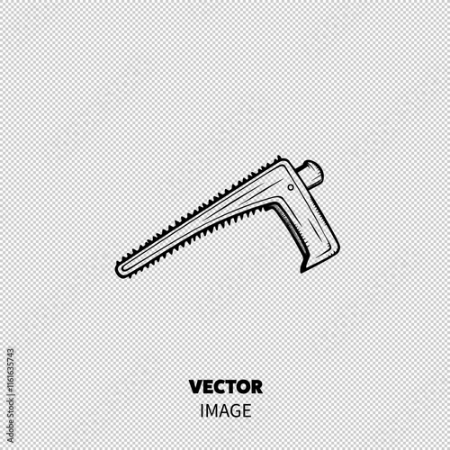 Black and white illustration of a handsaw, showcasing its sharp teeth and sturdy handle.
