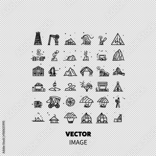 A diverse collection of mining and geological icons in a minimalist black and white design.