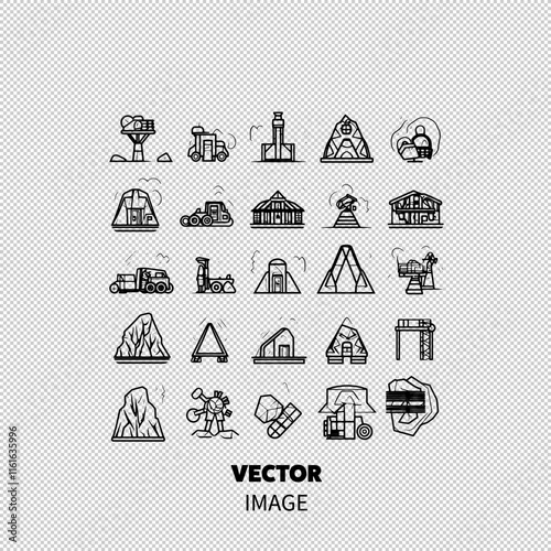 A collection of black and white mining and geological icons showcasing various equipment and structures.