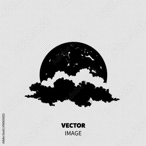 A dramatic black and white illustration of a full moon obscured by textured clouds.