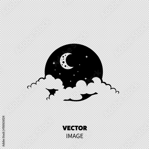A serene night sky featuring a crescent moon amidst twinkling stars and soft, fluffy clouds.