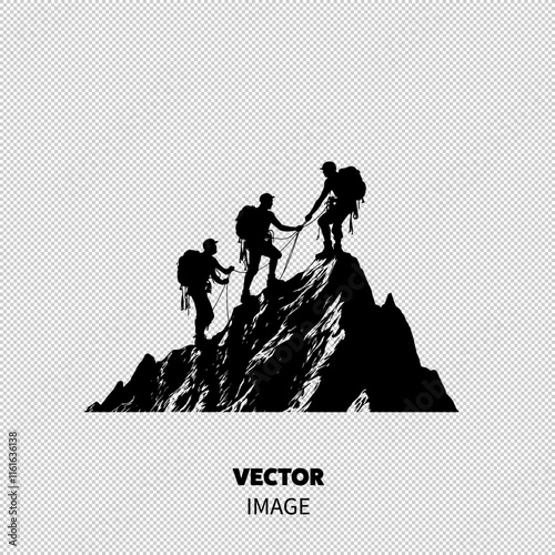 Three climbers ascending a rocky peak, showcasing teamwork and determination in a dramatic mountain setting.