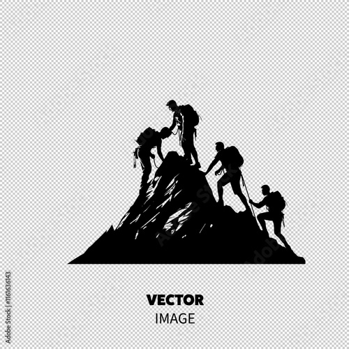 A thrilling mountain climb, showcasing four hikers assisting each other up a rocky summit.
