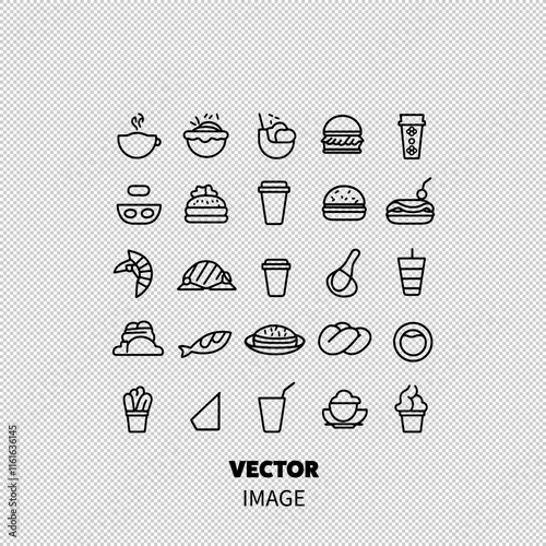 A collection of minimalist food and beverage icons, featuring various dishes and drinks outlined in black.