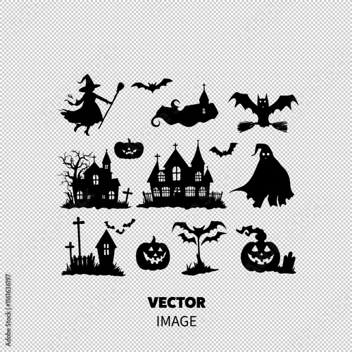 A spooky Halloween-themed silhouette collection, featuring witches, pumpkins, bats, and haunted houses.