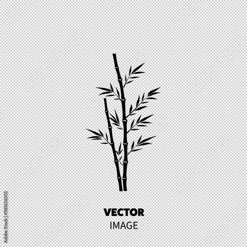 A minimalist illustration of black bamboo stalks with lush green leaves against a light background.