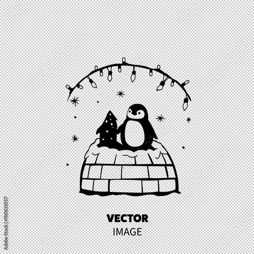 A cute penguin standing on an igloo with a decorated tree and Christmas lights above, creating a festive winter scene.