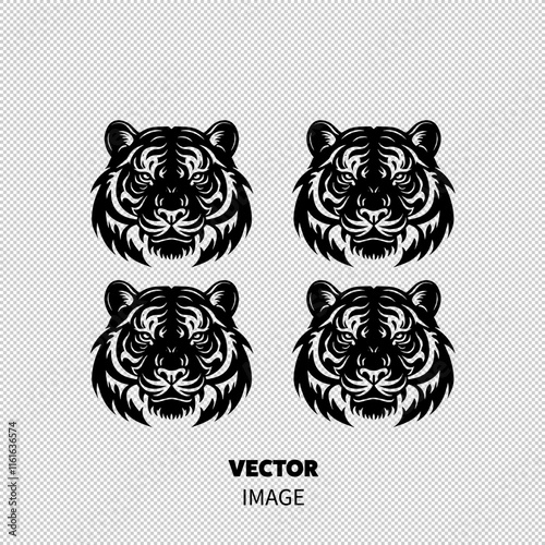 Four stylized black and white tiger heads, showcasing intricate details and fierce expressions.