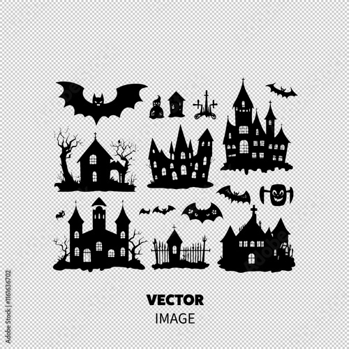 A collection of spooky silhouettes featuring bats, haunted houses, and eerie trees, perfect for Halloween themes.