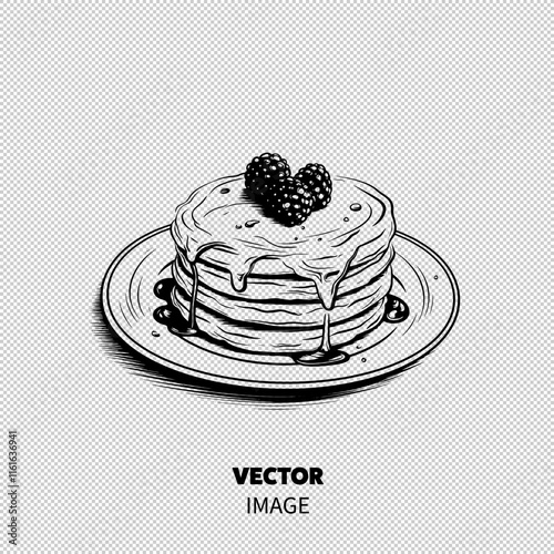 Delicious stack of fluffy pancakes topped with blackberries and syrup.