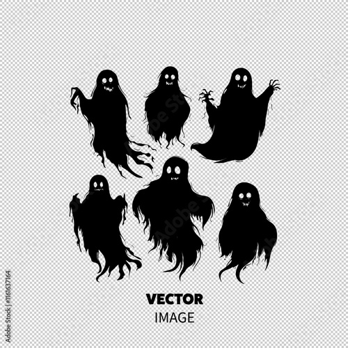 A collection of spooky ghost silhouettes with haunting expressions, perfect for Halloween themes.