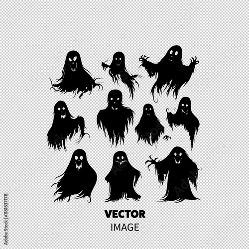 A collection of ten spooky ghost silhouettes featuring eerie expressions and flowing hair, perfect for Halloween designs.