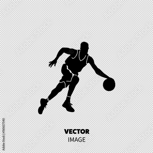 Dynamic silhouette of a male basketball player dribbling a ball, showcasing athleticism and agility.