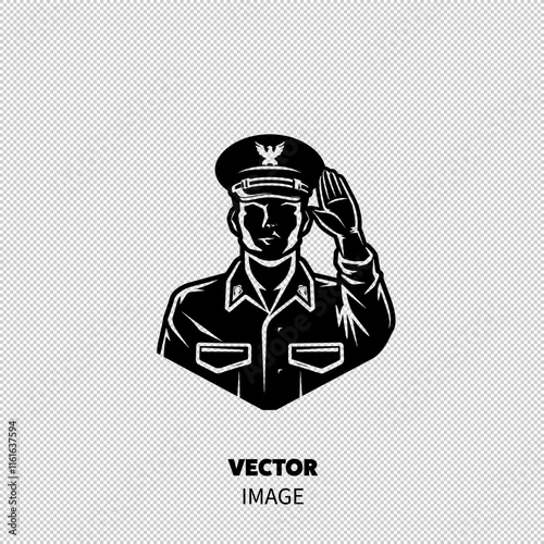 A black and white illustration of a male officer in a military uniform saluting.