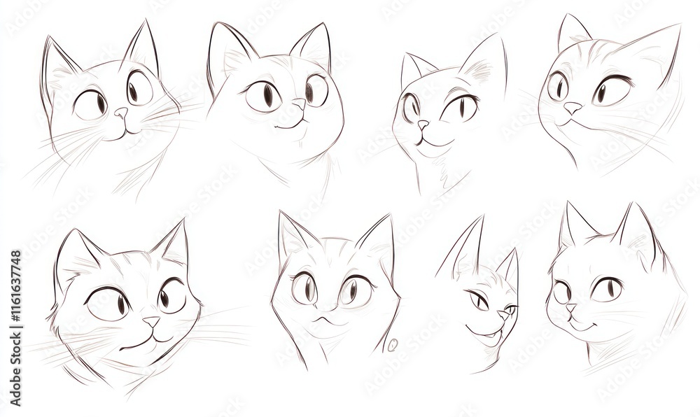 Eight charming cat head sketches in various poses.