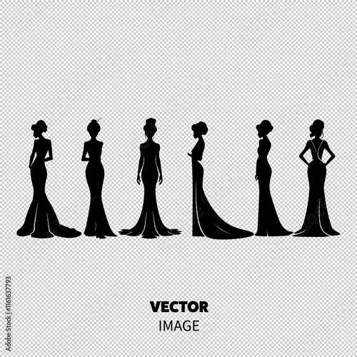 Silhouettes of elegant women in stylish dresses, showcasing a range of fashionable designs.