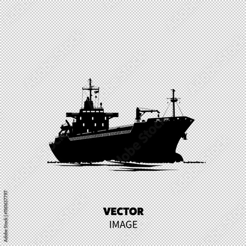 Silhouette of a large cargo ship navigating smoothly through calm waters.