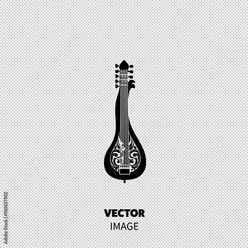 Stylized black silhouette of a traditional musical instrument with intricate decorations.