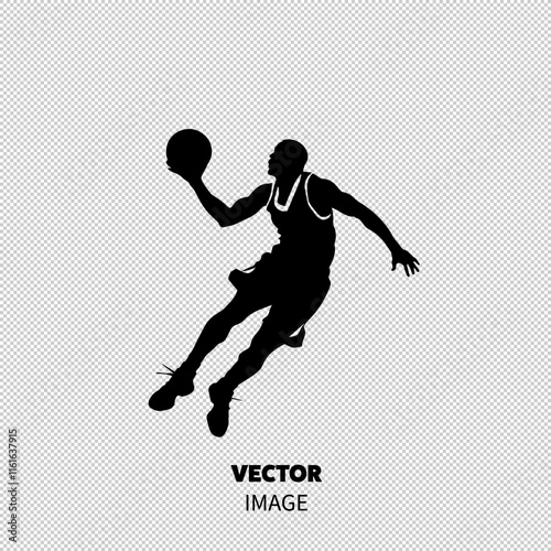 Dynamic silhouette of a male basketball player in mid-air with a ball, showcasing athleticism and energy.