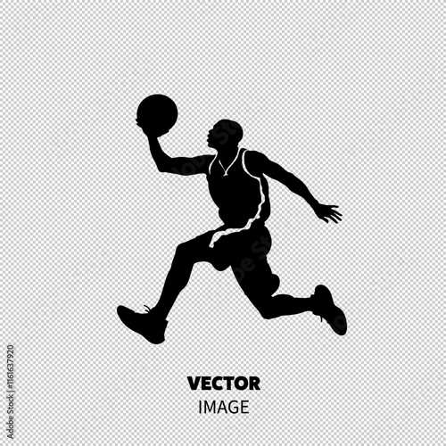 Dynamic silhouette of a male basketball player in mid-air dunking with a basketball.