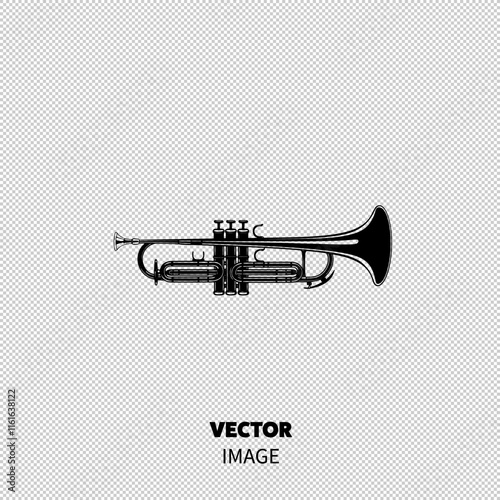 A sleek black trumpet, showcasing its curves and valves in a striking monochrome design.