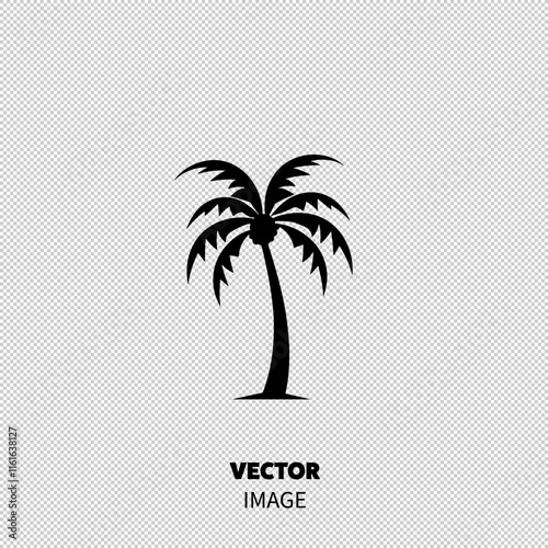 Stylized black silhouette of a palm tree with a curved trunk and spiky leaves.